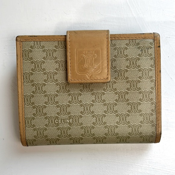 Auth. CELINE Macadam PVC Bifold Wallet Beige Brown Logo Print Canvas Leather - Picture 3 of 17